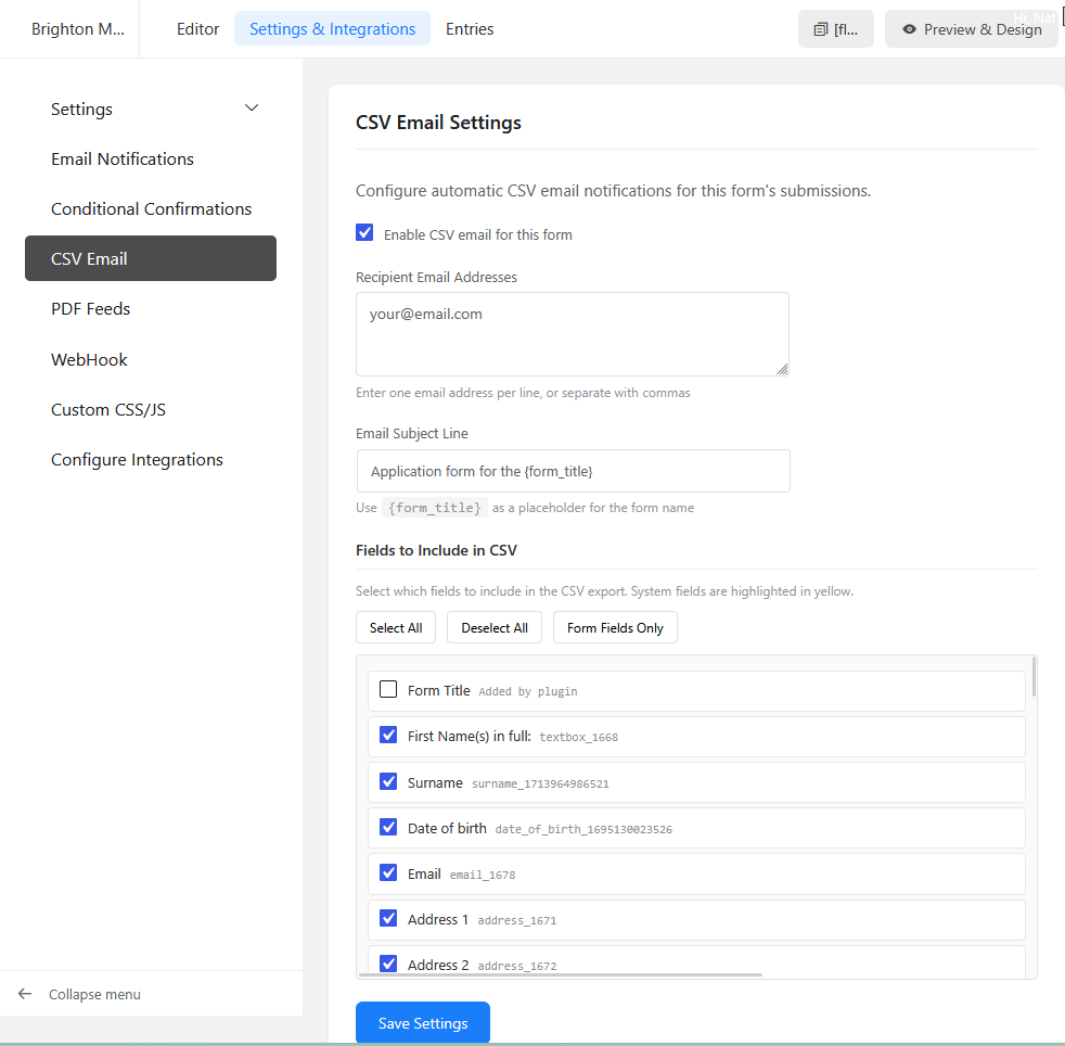 The Custom Registration CSV Export settings screen: the Active export profile panel with a Make active button, the profile editor with New, Duplicate and Delete, and the Columns picker listing discovered question fields with drag handles and tick boxes.